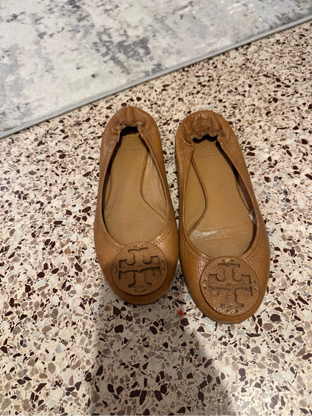 Tory Burch Cognac Leather Logo Ballet Flats